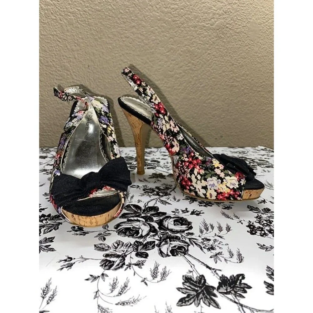 * Rampage 7.5M Floral Slingback Heels with Black Bow open toe